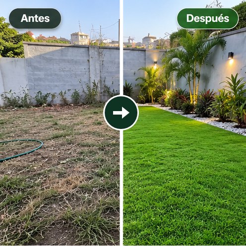 Patio trasero: antes con grama seca y tierra pelada, después con grama verde pareja y palmas sembradas.