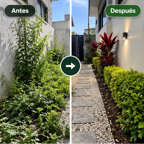 Pasillo lateral: antes con maleza pegada a la pared, después con camino de piedras y setos podados.