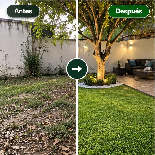 Jardín con árbol: antes reseco y descuidado, después con grama nueva, iluminación y zona de estar.