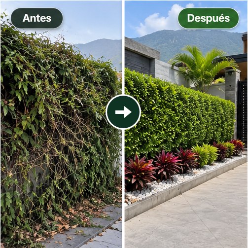 Cerca viva: antes con enredadera desbordada, después con seto parejo y jardinera con plantas de color.