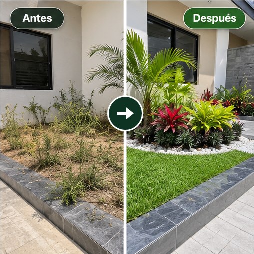 Frente de casa: antes con tierra y malezas, después con grama, piedra blanca y plantas ornamentales.