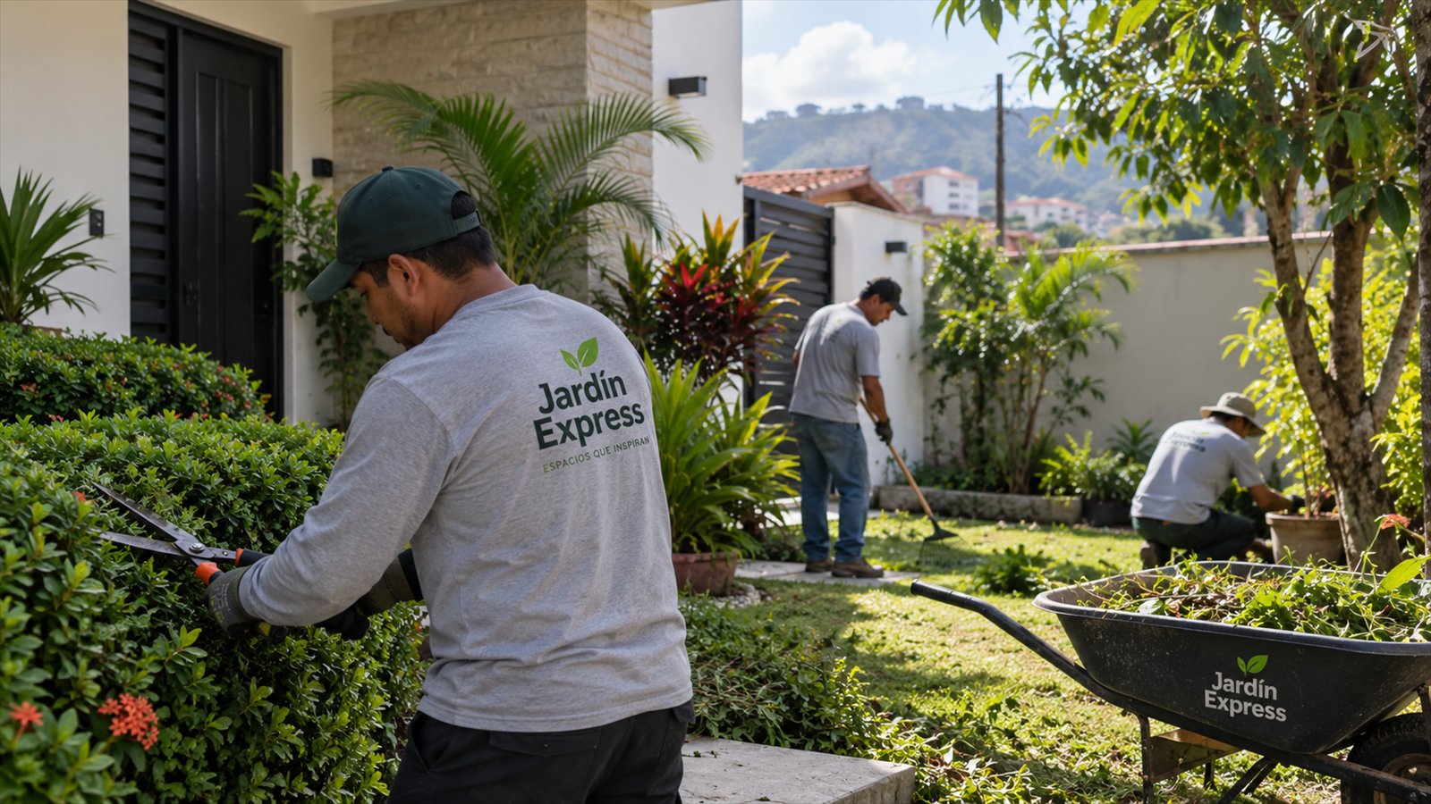 Cuadrilla de Jardín Express trabajando en el jardín de una casa: uno poda un seto, otro rastrilla la grama y un tercero acomoda plantas.